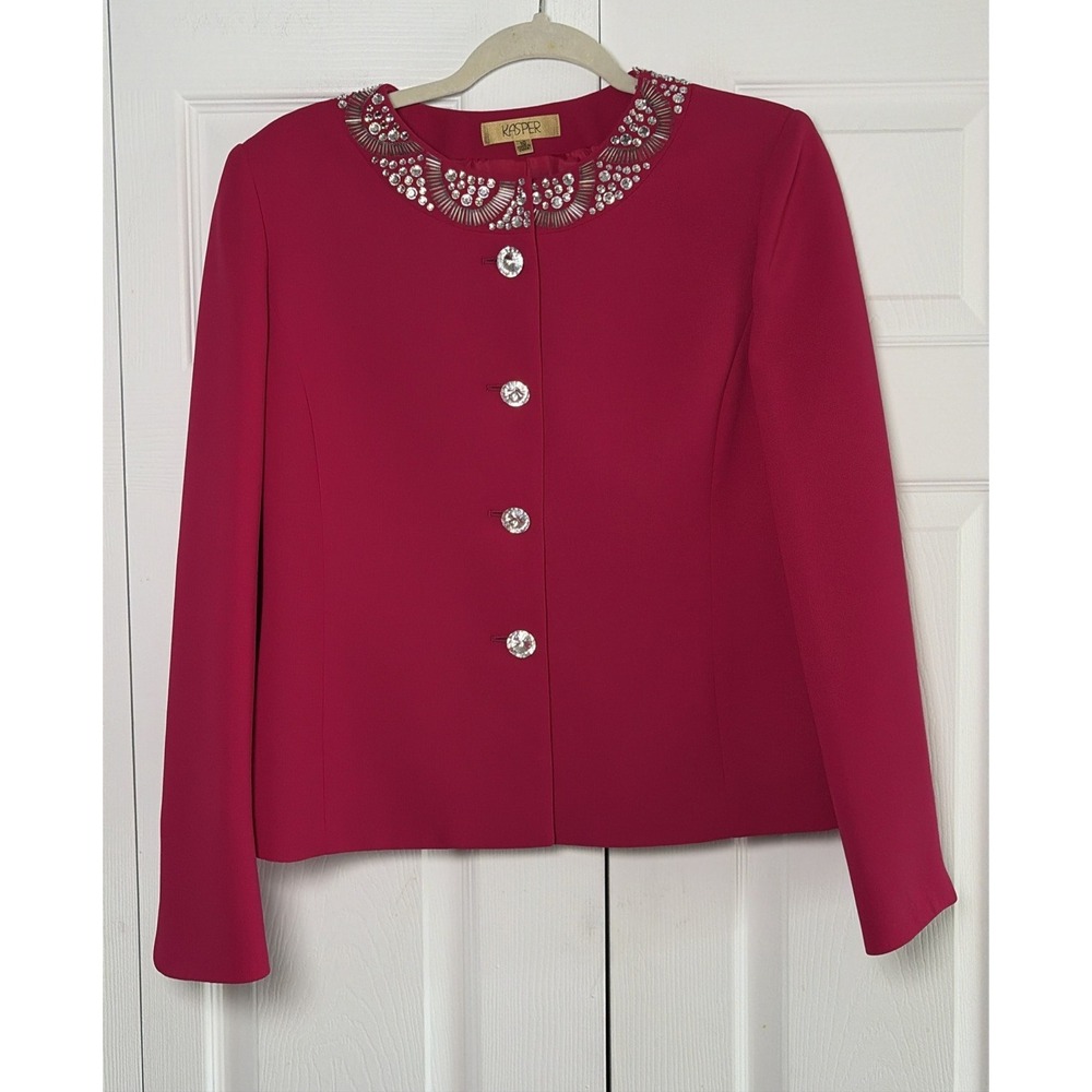 Kasper Jeweled Collar Blazer Jacket Womens Size 10 Pink Crystal Evening Occasion